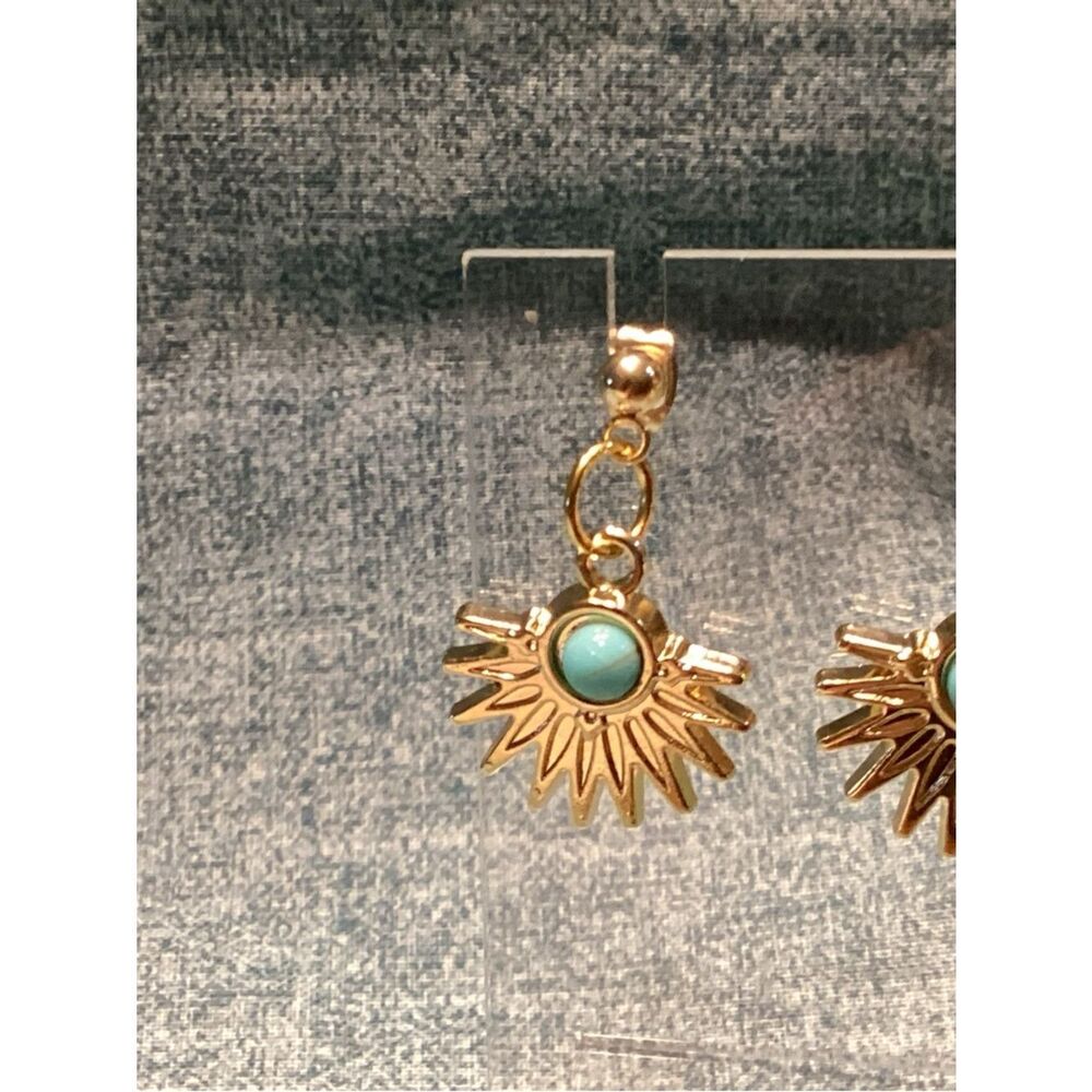 NWOT. Goldtone Sunburst Dangle Earrings with Faux Turquoise Center - Picture 6 of 8